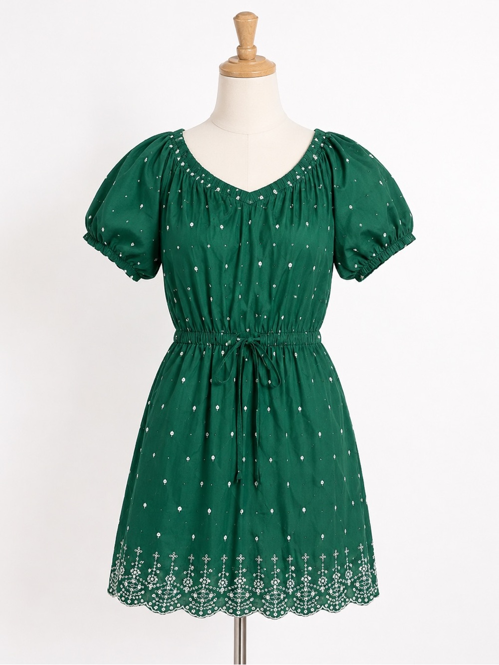 LOFT Emerald Green Drawstring Embroidered Puff Sleeve Dress